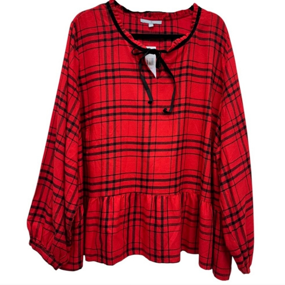 #061 Heart N Crush- Red Plaid Tied Neck Blouse- Sz. 4X